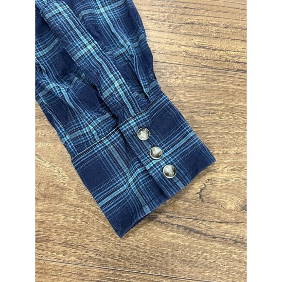 Wrangler Pearl Snap Shirt Mens M Blue Plaid Western Cowboy Sawtooth Pockets Yoke - Picture 9 of 10